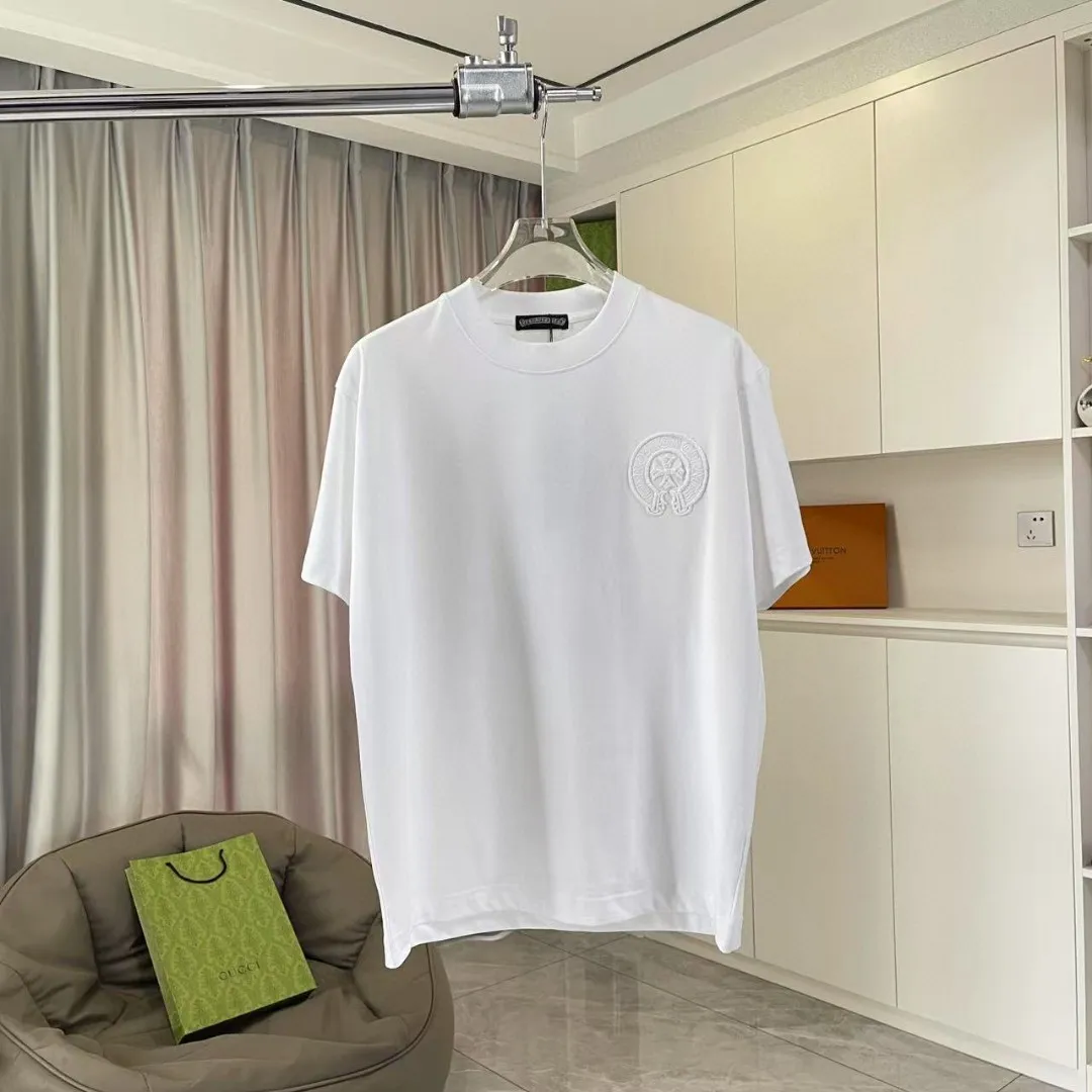 🅿️200 ch Crow* 2025 spring and summer new style Sanskrit horseshoe cross cross vacuum embroidery short-sleeved t-shirt custom fabric 300g same style for men and women Size: S M L XL XXL Five codes Color: black white